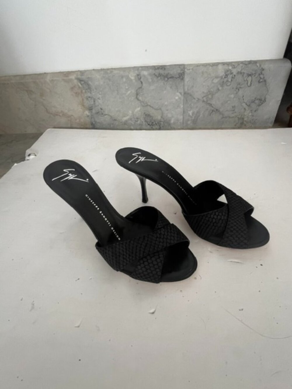 Giuseppe Zanotti NWT Black Snake Embossed Leather Mules Stiletto Heel Open Toe